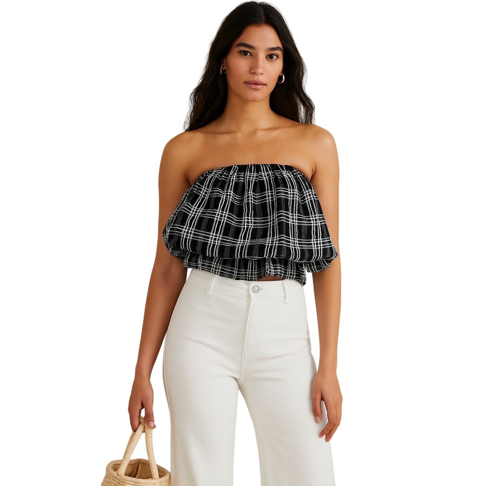 NEW C/MEO‎ Collective Captivate Top Black Check Tiered Ruffle Sleeveless Blouse